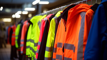 Bright yellow high visibility jackets, Selective blur on high visibility safety coats and jackets, personal protective equipments, for sale outside, fluorescent colors. These coats are made, Ai - obrazy, fototapety, plakaty