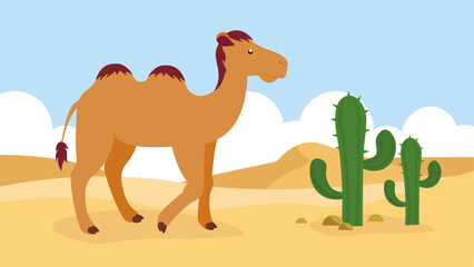 Camel and cactus in desert. Vector illustration in flat style