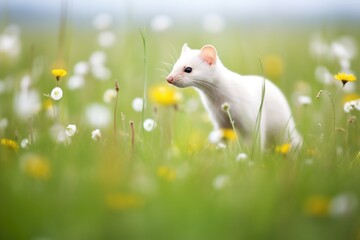 ermine foraging in a field with wildflowers