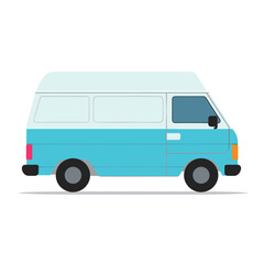 A blue and white van is depicted stationary in a simplistic style vector illustration