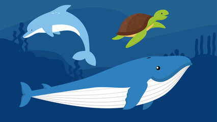 Whale, dolphin and turtle underwater