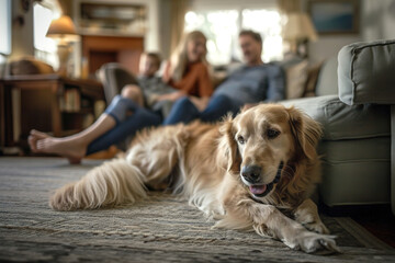 Dog in the living room in the foreground and the family in the background in the sofa. Love between pet and family members.