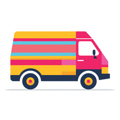 A colorful striped delivery van is stationary in this vector illustration.
