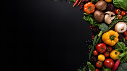 Fresh colorful fruits and vegetables with a vacant space in the backdrop of black, top view, Generative AI.