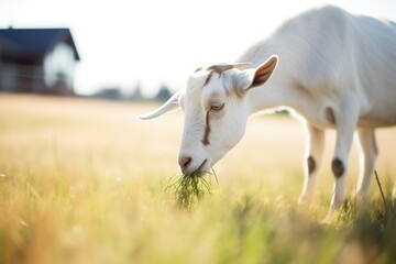 goat eating grass in sunny pasture