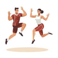Fototapeta na wymiar Young man and woman jogging with happy expressions, sports outfits. Fitness couple running, healthy lifestyle concept vector illustration.