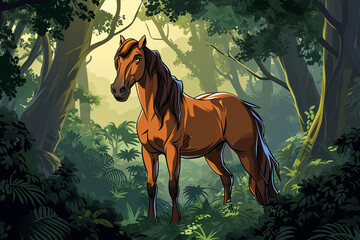 cartoon style of a horse in the forest