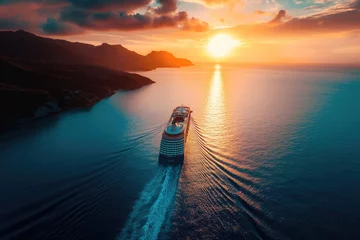 Schilderijen op glas cruise ship in tropical paradise drone shot with sunset  © Straxer