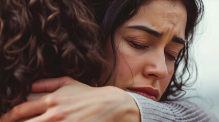 Close-up of a woman with a tearful expression hugging someone