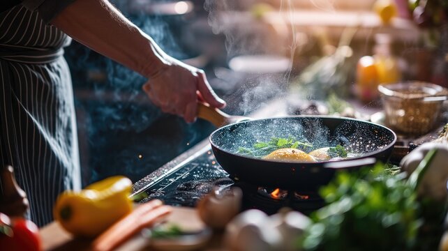 Cooking vegetables in a steaming pan on a stove