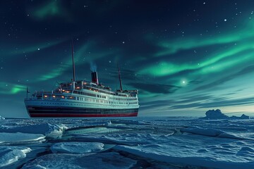 expedition cruise ship north pole cold ice berg northern lights in sky 