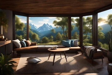 Fototapeta premium an enchanting 3D render showcasing a side window seat with a breathtaking nature view. Perfectly lit, this super realistic depiction captures the tranquility of the scene, highlighting every detail 