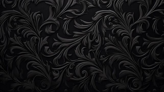 black background, wall with vintage floral ornament on wallpaper