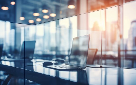 Image of a modern office room with an emphasis on white, clean and luxurious tones, increasing visual appeal. Image with blurred background, suitable for a variety of contexts.