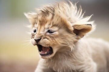 lion cub trying to imitate males mane