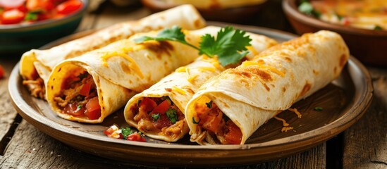 Mexican dish, rolled corn tortilla with filling, often chicken, beef, or vegetarian fillings.