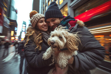 Obraz premium A young woman hugs a dog on the street in a big city.