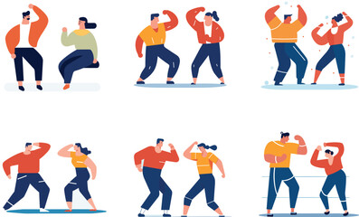 Men and women doing various exercises in gym attire. Fitness routine with different workout poses. Health and fitness concept vector illustration.
