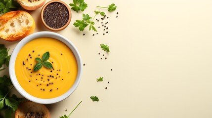 Healthy soup made with roasted butternut squash presented against a white backdrop, Generative AI.