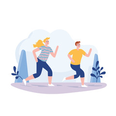 Young man and woman jogging together outdoor. Fitness couple running in the park. Health, sport, and active lifestyle concept vector illustration.