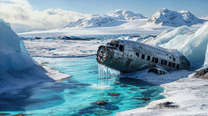Wreck of crashed airplane in middle of Arctic or high mountains, airplane sitting in snow-covered field near pond of melted snow. - Powered by Adobe
