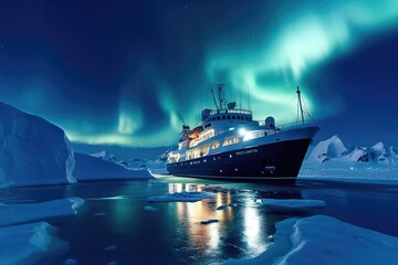 expedition cruise ship north pole cold ice berg northern lights in sky  - obrazy, fototapety, plakaty