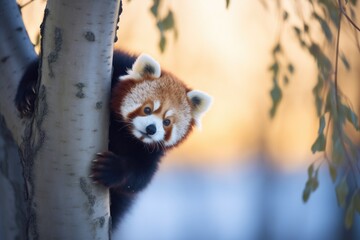 red panda in the crook of a tree during sunset