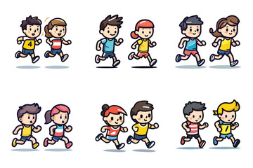 Cute cartoon kids running in race, children in sportswear participating in running event. Active children sports day concept. Child athletes competition vector illustration.