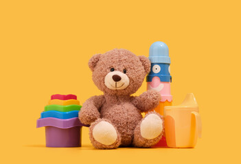 Soft teddy bear and children's cute toys. Toys for babies.