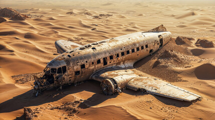 Wreck of crashed airplane in middle of desert, showing signs of rust and decay, surrounding airplane is characterized by sand dunes and barren, desolate atmosphere.