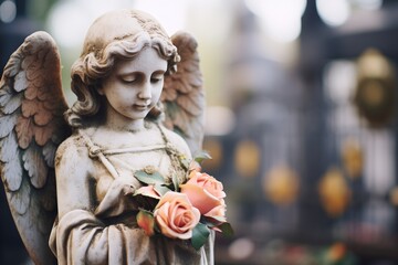 close-up of a worn angel statue in a cemetery