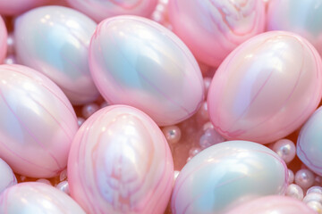 A close-up of pearlescent Easter eggs in soft pink and blue tones with a subtle sheen.