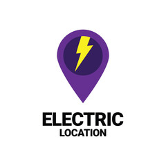 Purple Electric Location Logo Sign Vector With Map Pointer Pin Icon. Geotag Point Icon With Electricity Symbol Vector Image.