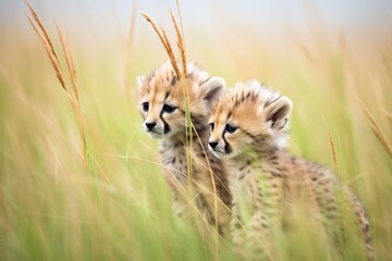 cheetah cubs playing amidst grassy knolls