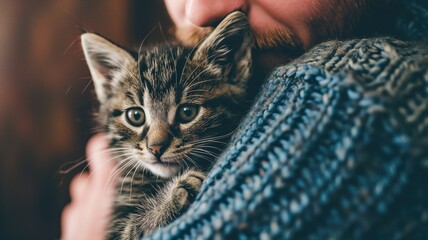 Close-up of a kitten being held, peeking over a person's shoulder