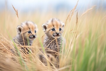 Obraz premium cheetah cubs playing amidst grassy knolls