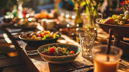Fototapeta premium A table set with food and drinks in warm light