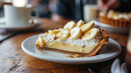 Banana cream pie slice on a plate with coffee in the background