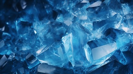 Macro perspective of crystalline crystals against a backdrop of glacial blues, top view, Generative AI.