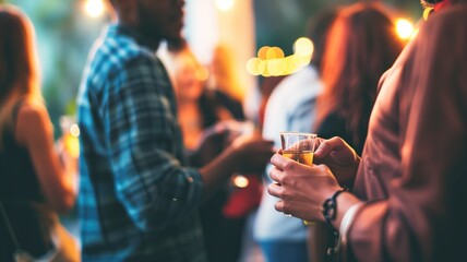 People socializing at an outdoor evening party with drinks - obrazy, fototapety, plakaty