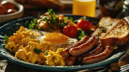 A delicious plate of breakfast with eggs, sausage, and toast. Perfect for a hearty morning meal - obrazy, fototapety, plakaty