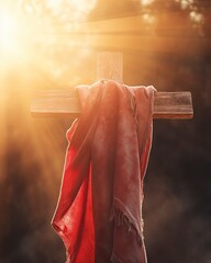 cross made of wood with red shawl, illuminated with sunlight, blurred background, copy space - generative ai