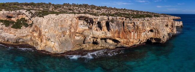Fototapeta na wymiar cliffs on the coast of Manacor, Majorca, Balearic Islands, Spain