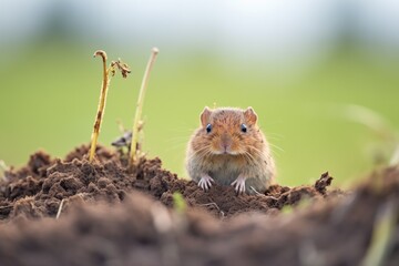 vole perched on a mound of earth in a field - obrazy, fototapety, plakaty