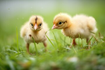 baby chickens pecking in fresh grass - obrazy, fototapety, plakaty