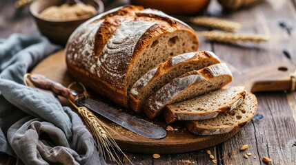 Bread, traditional sourdough bread cut into slices on a rustic wooden background. Concept of traditional leavened bread baking methods. Healthy food.  - obrazy, fototapety, plakaty