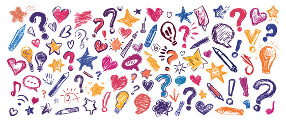 Hand drawn Doodle sketch. Question exclamation mark, hearts, star and marker brush. Symbols drawn by brush, pen, isolated on white background. Abstract Chaotic grunge Elements
