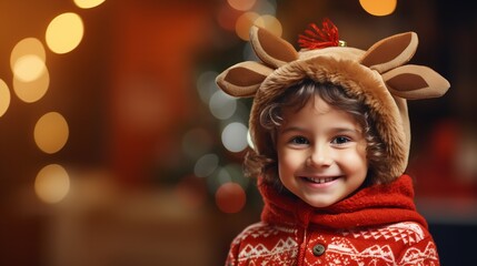 On an orange background, a happy child wearing a reindeer headpiece and a Christmas jumper, Generative AI.