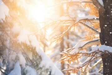 sunlight peeking through snow-laden trees