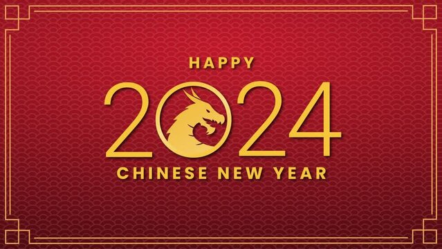 happy chinese new year 2024 gold and shiny animation,year of the dragon,red background, Animated text Happy chinese new year 2024